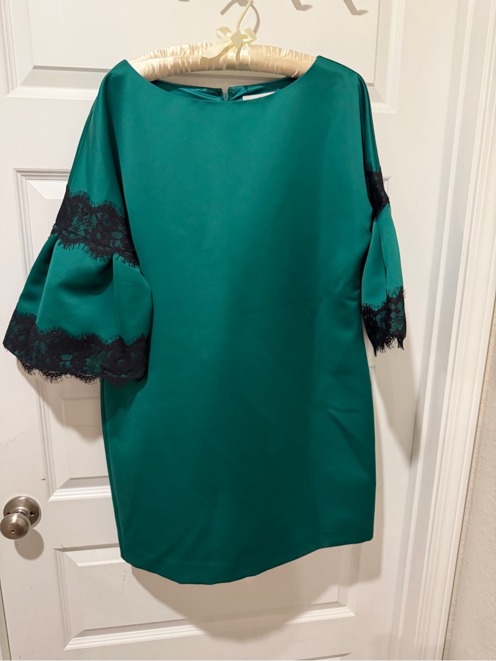 Badgley Mischka Teal Shift Dress with Black Lace Trim